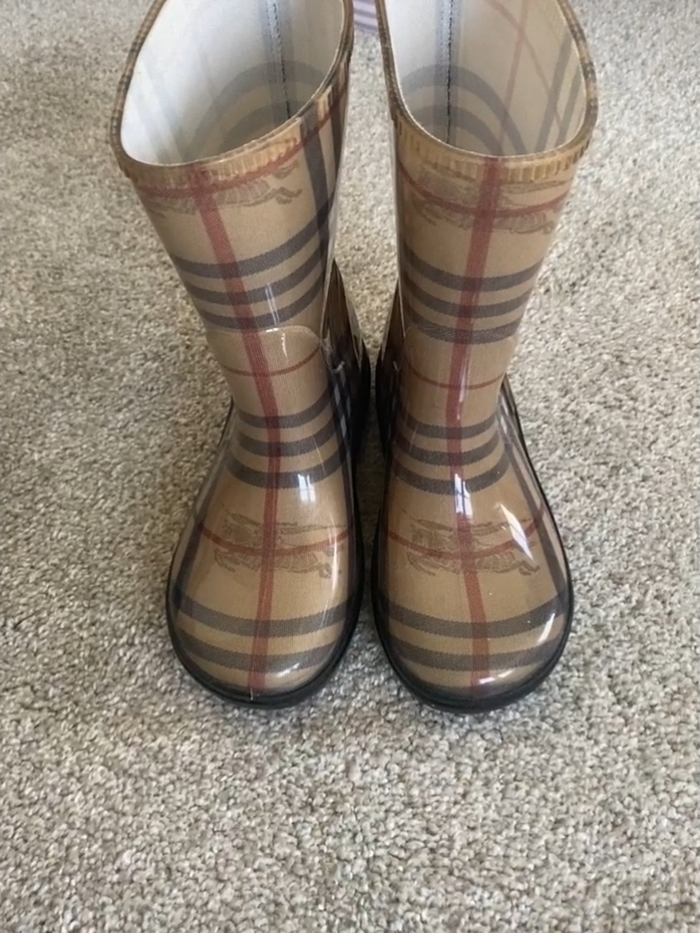 Burberry Kids Plaid Rain Boots in Tan, Black & Red
